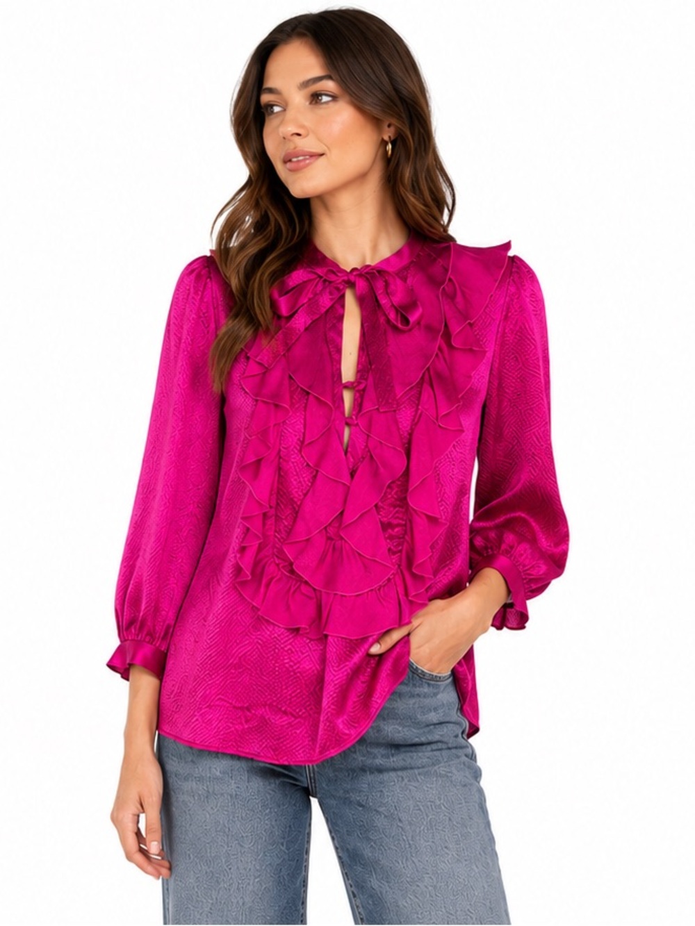 Development Erica Davies Fuchsia Satin Tie Neck Ruffle Blouse M
